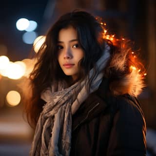 Winter night 20 years old Chinese girl soft long black hair white scarf sweet smile girl looking towards fireworks full body