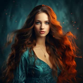 beautiful russian woman with long hair in the style of dark orange and dark aquamarine figurative colorist romantic fantasy