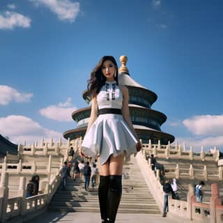 in black pantyhose chrome high heels, in a white dress and black boots standing on a stone walkway