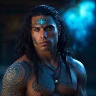 bright blue eyes handsome Taino man age 30 with shoulder length black hair teal colored tattooed face and electric bright