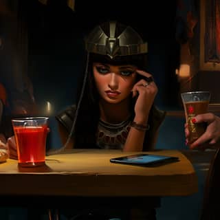 cleopatra the pharoh with a look of sad holding a smartphone while sitting at a table in a bright modern egyptian resturant