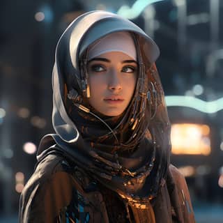 cyberpunk in hijab, in a hijab is looking at the camera