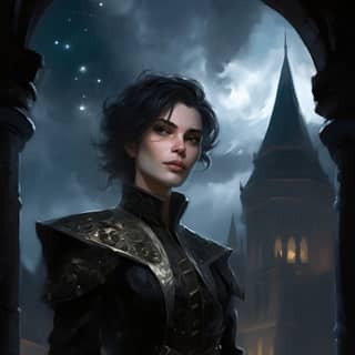 female half-elf wizard 40 years old in a 16th century medieval fantasy setting short black hair black robes night with moon