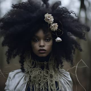 fennel southern gothic afrogoth, with an afro and a flower on her head