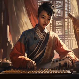 fusion image depicting a chinese non binary teen with short hair playing the guzheng with somali music