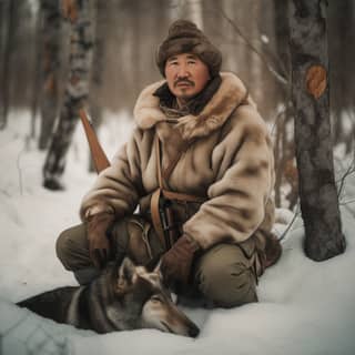 ヤクートの男性ハンターが犬と一緒に、野生動物に囲まれた冬の森で座っています。