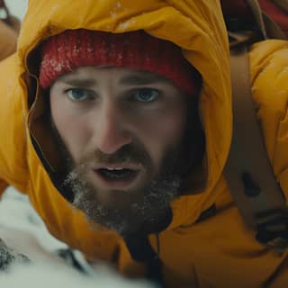 high angle two people climbing mountain cold weather, two men in yellow jackets climbing up a snowy hill