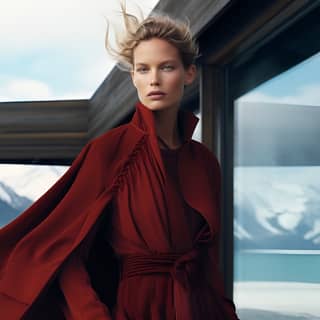 high mountain glass windows still ocean modern wood and concrete building large glass windows walking though wind winter