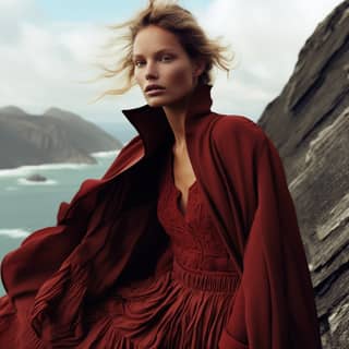 Una mujer con un vestido rojo y capa parada en una roca con vistas a altas montañas y un océano tranquilo.