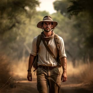 Un uomo di 40 anni in safari in Africa cammina lungo una strada sterrata indossando un cappello e sudando abbondantemente.