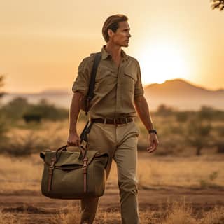 Ein Mann in seinen 40ern ist mit seiner Frau auf Safari in Afrika, trägt ein khakifarbenes Hemd und grüne Hosen, trägt eine große Ledertasche und geht bei Sonnenuntergang durch die Wildnis.