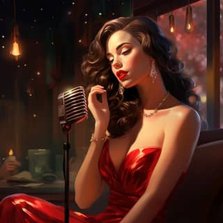 long brunette hair classic lounge singer with a sparkly red dress singing soflty red lipstick 1930's microphone tavern