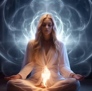 meditation white women meditate in the dark and has energy portals in front of her lush