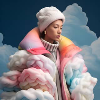 a model wearing a colorful cloud coat in the style of hyperrealistic details snow scenes pastel color scheme piles/stacks