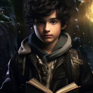 photoreal black haired tween boy travels to magical land to return grimoire to his wizard grandfather