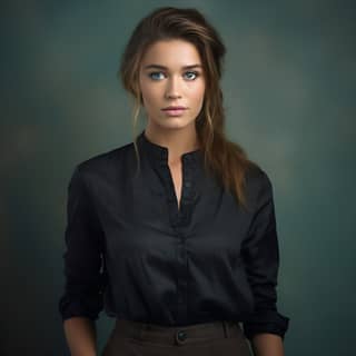 a qick funny women with brown hair green eyes in the studio wearing black shirt and blue skirt blurred backgroud ar 3:2