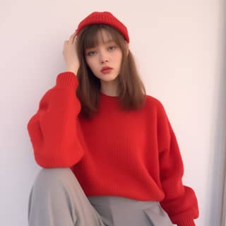 Seorang gadis Cina berusia 21 tahun mengenakan sweater merah dan celana abu-abu, duduk di dinding putih.