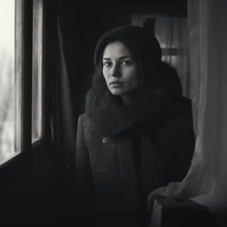 a small woman looking out of her block house window North Eastern Europe snowy winter day Sun is about to set Woman in