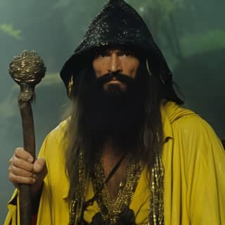 zeaous looking male sorcerer wearing dark yellow robes style of conan the barbarian 1982