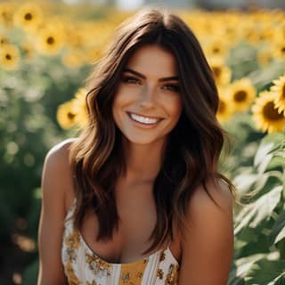 A 30-year-old woman with dark straight hair doing a photoshoot in a sunflower field The image is full of details and quality