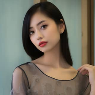 Chica asiática en vestido negro con cabello liso y oscuro hasta los hombros, pestañas largas y labios rojos posando para una foto.