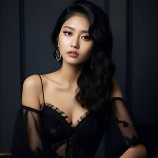 Gadis Asia yang cantik dalam gaun hitam duduk di kerusi, dengan rambut lurus gelap pendek, bulu mata panjang, dan memakai lipstik dan anting-anting.