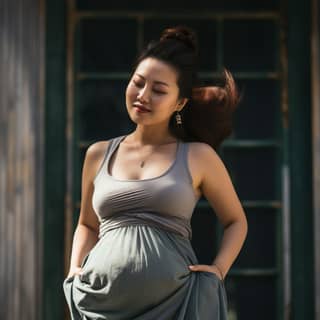 A Chinese woman in a modern fashionable gray dress touches her big belly with one hand while looking down at her big belly