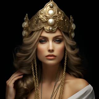 Lady of Justice realism photo-realistic natural light wearing a crown of gold sapphires and pearls necklace diamonds on