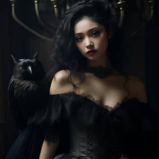 This movie will present a Chinese model with fluffy short curly hair wearing a witch hat and a witch skirt with a black