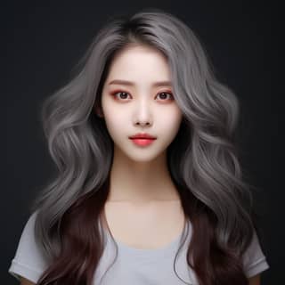 an 18-year-old Korean girl her expression neutral and composed silver-grey wavy hair elegantly parted large almond-shaped