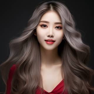 an 18-year-old Korean girl her smile warm and captivating silver-grey wavy hair elegantly parted large almond-shaped eyes