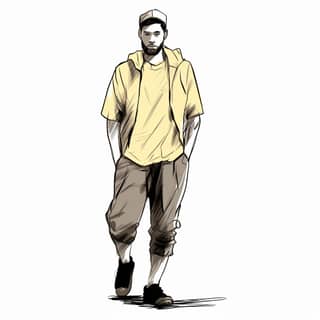 Un homme arabe barbu portant une chemise jaune et un short, marchant dans la rue.