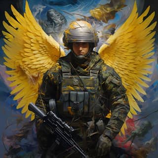 archangel Michael as Ukrainian soldier wearing camouflage with Ukrainian trident on his chest face is covered with balaclava