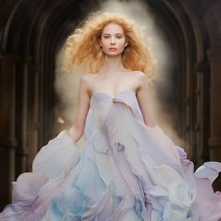 as an ethereal avant-garde gown on a model walking on a runway stable diffusion