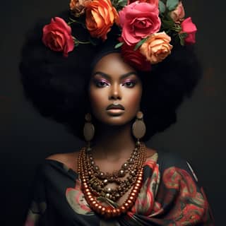 beautiful black woman style like Gideon Rubin, beautiful african woman with flowers in her hair