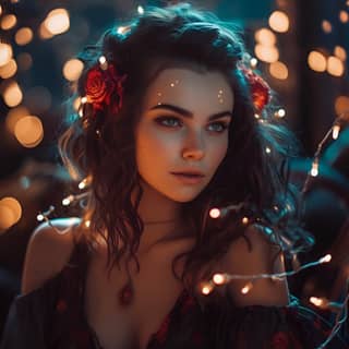 beautiful woman fairy colors fairy lights, with red roses in her hair and a lighted background