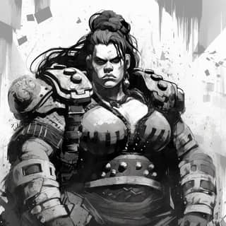 black and white ink brush art: bulky heavyweight big fat 44HH female technobarbarian