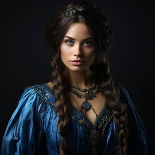 with brown french braids dressed in a blue sorceress' robe