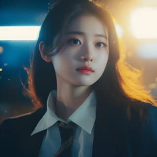 Un primer plano cinematográfico de una actriz coreana de kdrama en uniforme escolar sentada sola en un aula, contemplando y mirando el cielo nocturno. En traje y corbata, mirando a la cámara.