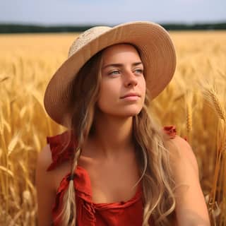 in a golden wheat field She is wearing a patterned straw hat and a red sleeveless top with ruffles on the shoulders Her long