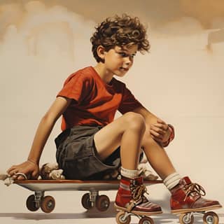 lad on roller skates painted in the style of Norman Rockwell