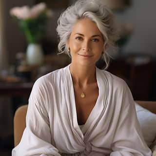 Une femme âgée souriante aux cheveux gris assise sur un canapé vintage à la maison.