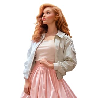 Una mujer con una falda y chaqueta rosa posa para una foto en una escena dinámica con colores vibrantes.