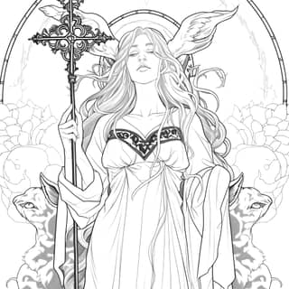 satanic tarot card linework only no shading, a coloring page with an angel holding a cross