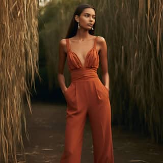 El modelo lleva un mono naranja y sandalias. Un cinturón artesanal de cuentas y accesorios rústicos de ratán completan su look.