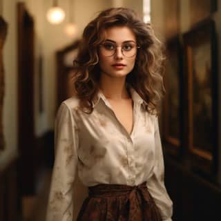 this woman wearing glasses a cream blouse and brown floral skirt walking along a dark corridor with old portrait paintings