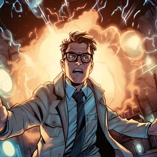 El doctor está en traje y corbata con las manos extendidas, con una luz de fondo. El flash #1 - DC cómics.