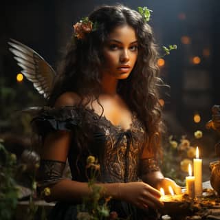 a witch with Angel wings beautiful body and face long wavy dark brown hair and brown eyes pale skin with freckles European