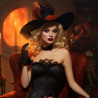 a witch style of Gil Elvgren, blonde woman in a witch costume sitting on a chair