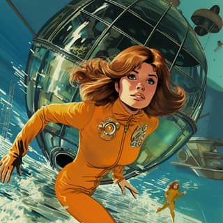 woman in super hero pose underwater 70s comic fully-clothed modest